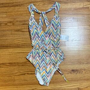 Sunshine 79 swimsuit - multicolor zig zag one piece bathing suit w belt & v neck